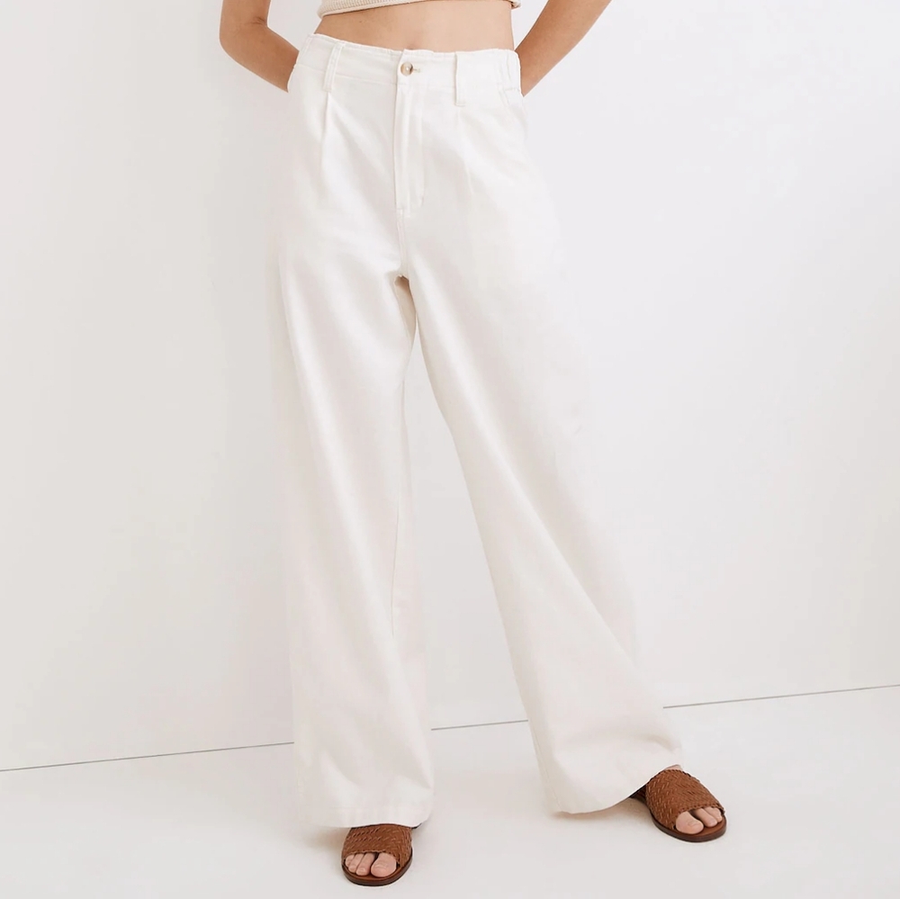 Madewell Cotton-Linen Pleated Wide-Leg Pants Lighthouse‎ White Women's Size 10P